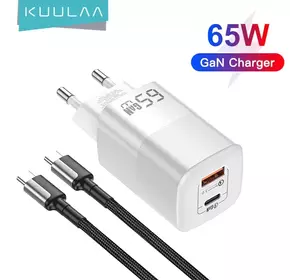 Мережевий зарядний пристрій Kuulaa 65W GaN USB-A +Type-C White