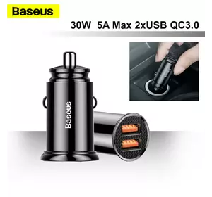 Автомобільний швидкий зарядний пристрій Baseus Square Metal QC 3.0 30W 2USB 5A в прикурювач Black