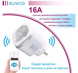 Розумна смарт розетка Elivco 16A з WI-FI підключенням до телефону